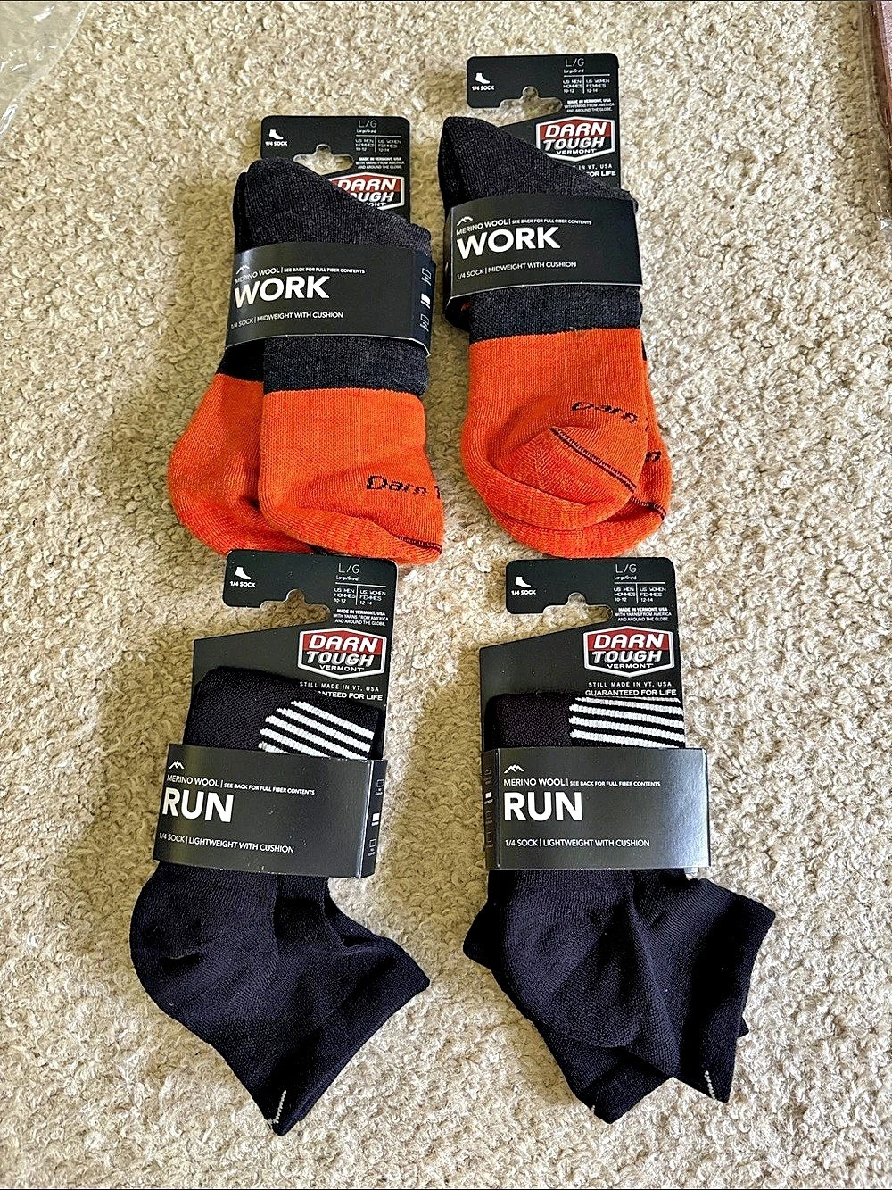 Darn Tough Work and Run Socks Bundle Merino Wool Striped Black & Orange Large N